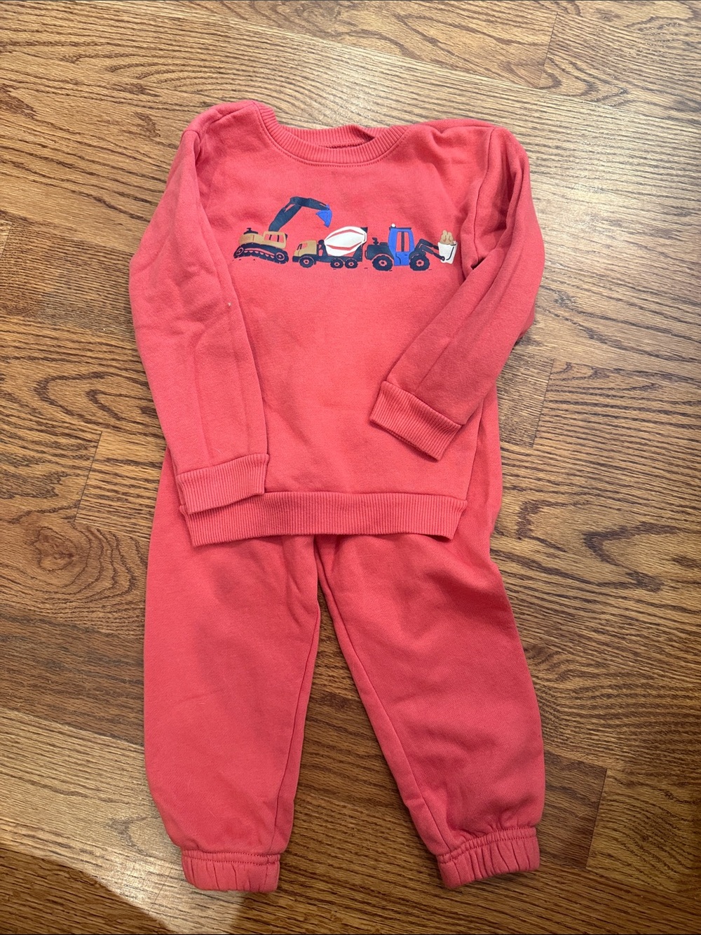 Coral Red Kids Sweatshirt and Jogger Set with Construction Truck Graphic